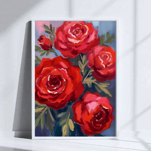 Röda Rosor Blommig Akvarellmålning Poster