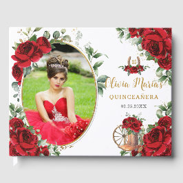Röda Rosor Blommig Charro Stövlar Quinceanera Foto Gästböcker