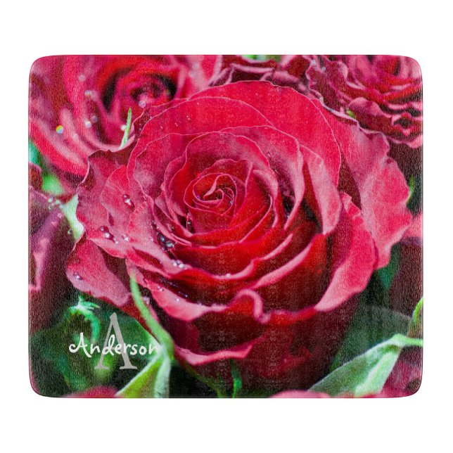 Röda rosor blommig glasskärbräda (Framsidan)