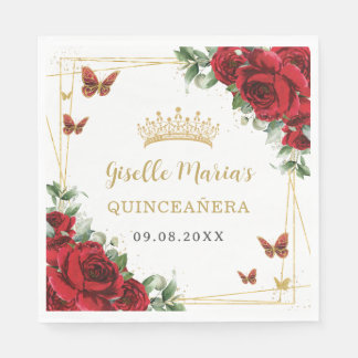Röda Rosor Blommig Guld Fjärilar Quinceañera Pappersservett