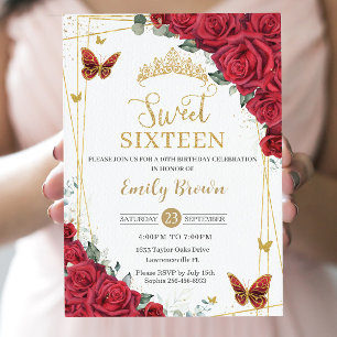 Röda Rosor Blommig Guld Fjärilar Sweet Sixteen Inbjudningar