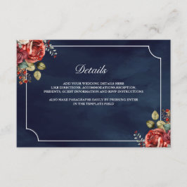 Röda Rosor Blommig Marinblå Bröllopsdetaljer Tilläggskort