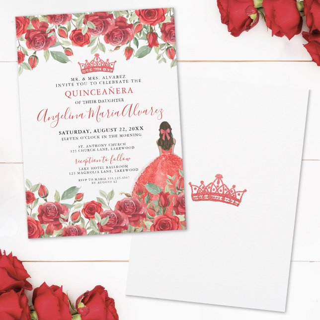 Röda Rosor Blommig Quinceanera Inbjudan (Red Roses Floral Quinceanera Invitation)
