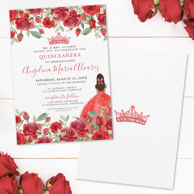 Röda Rosor Blommig Quinceanera-inbjudan Inbjudningar (Red Roses Floral Quinceanera Invitation)