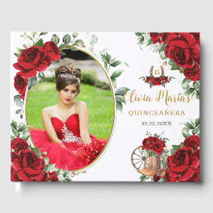 Röda Rosor Blommiga Charro Stövlar Quinceanera Fot Gästböcker