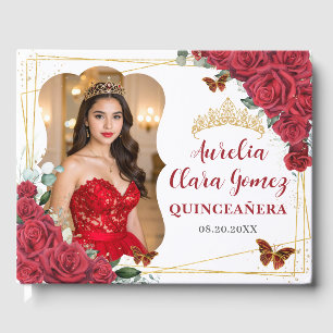 Röda Rosor Blommiga Fjärilar QUINCEAÑERA 16 Foto Gästböcker