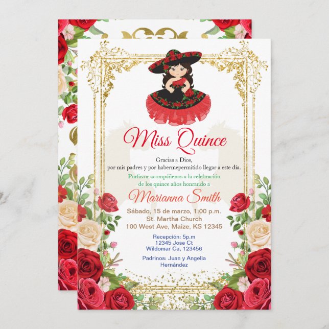 Röda Rosor Blommor Quinceanera Inbjudan,  Inbjudningar (Fram/baksida)