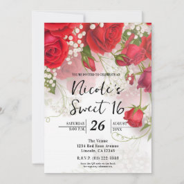 Röda Rosor & Brudslöja Elegant Blommig Sweet 16 Inbjudningar