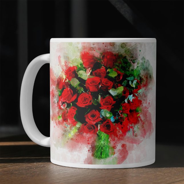 Röda rosor bukett akvarell på vit bakgrund kaffemugg (Red Roses Bouquet Watercolor on White Background. Coffee Mug)