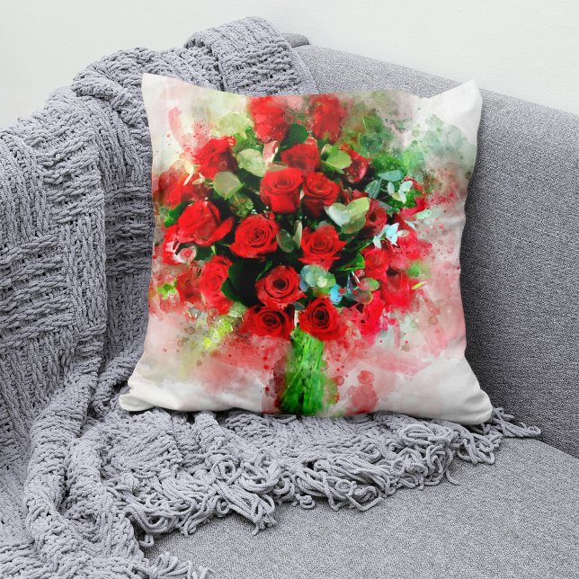 Röda rosor bukett akvarell på vit bakgrund kudde (Red Roses Bouquet Watercolor on White Background. Throw Pillow)