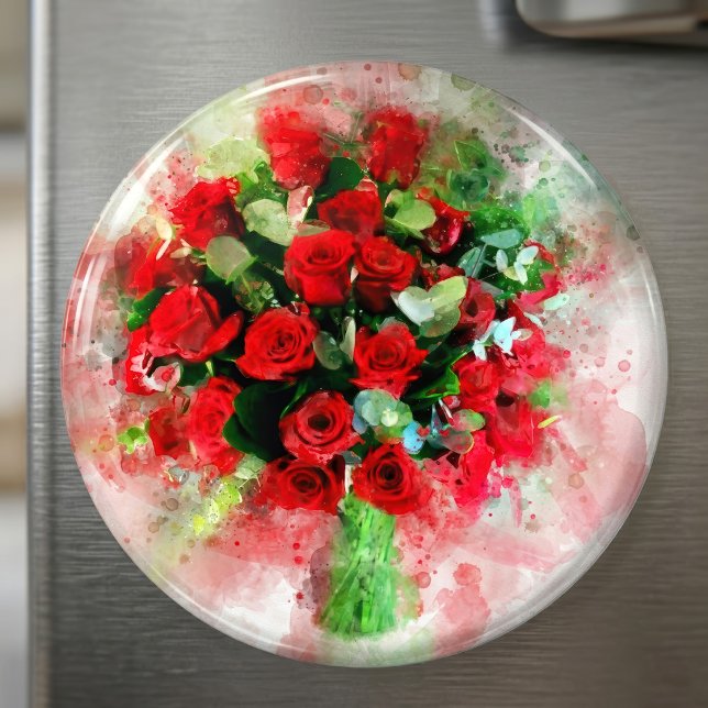 Röda rosor bukett akvarell på vit bakgrund magnet (Red Roses Bouquet Watercolor on White Background. Magnet)