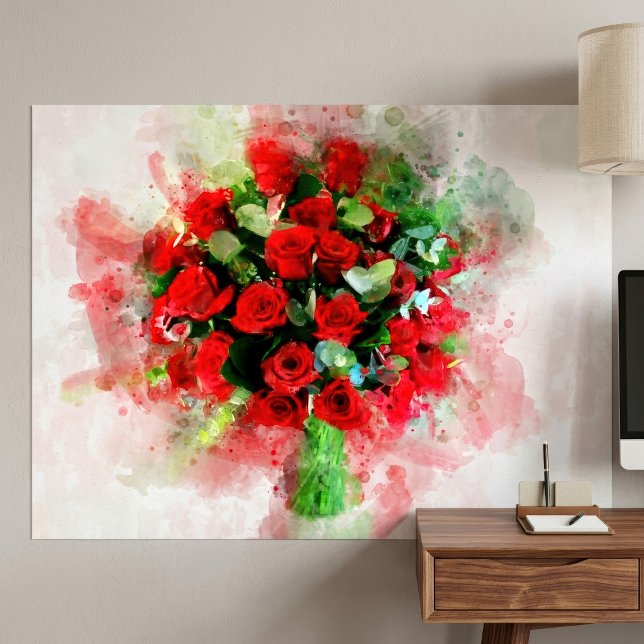 Röda rosor bukett akvarell på vit bakgrund poster (Red Roses Bouquet Watercolor on White Background. Poster)