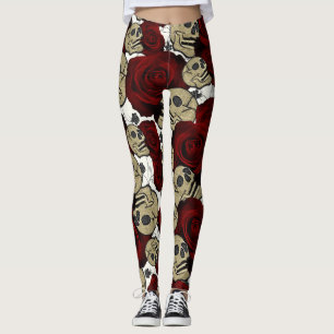 Röda Rosor & Dödskallar Svart Flora Gotisk Vit Leggings