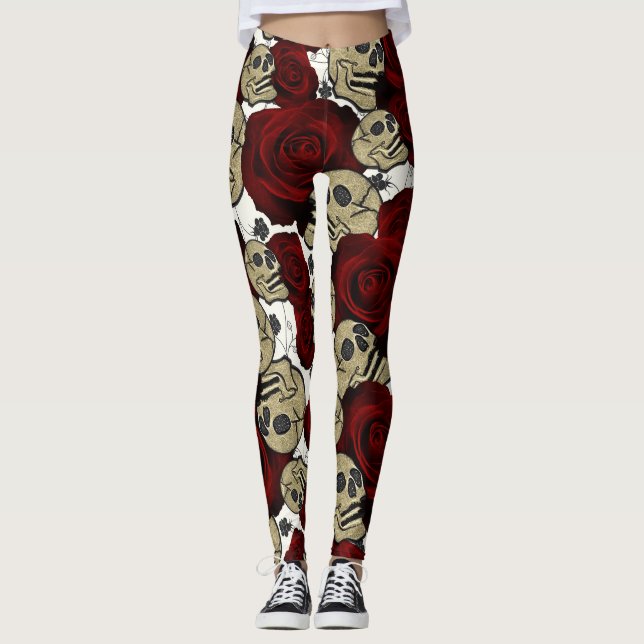 Röda Rosor & Dödskallar Svart Flora Gotisk Vit Leggings (Framsida)