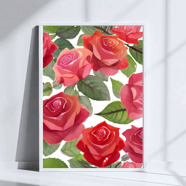 Röda Rosor | Elegant Blommig Ros Akvarell Poster (Skapare uppladdad)