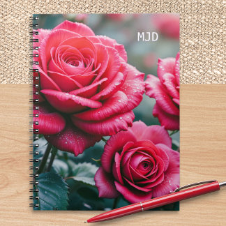 Röda Rosor Elegant Monogramserad Blommig Spiralbun Anteckningsbok