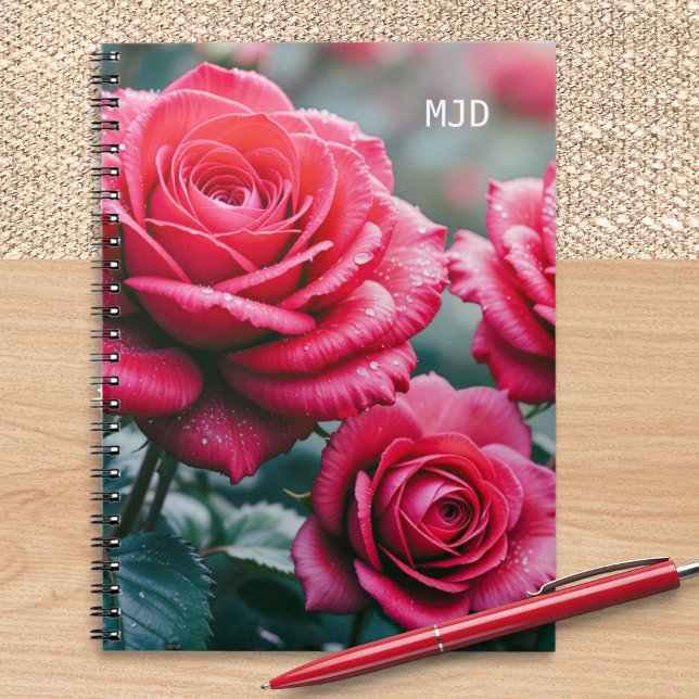 Röda Rosor Elegant Monogramserad Blommig Spiralbun Anteckningsbok (A beautiful spiral-bound notebook with red roses picture on the cover and custom monogram initials)