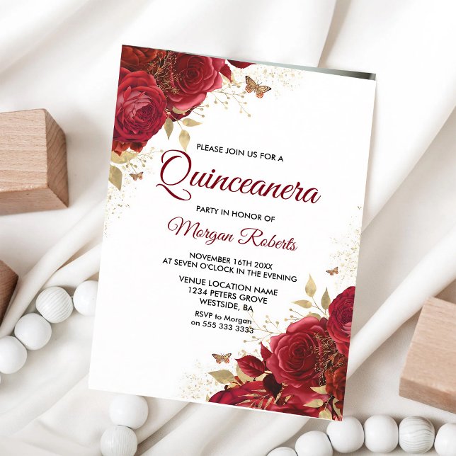 Röda Rosor Fjärilar Quinceanera 15-årsdag Inbjudningar (Skapare uppladdad)
