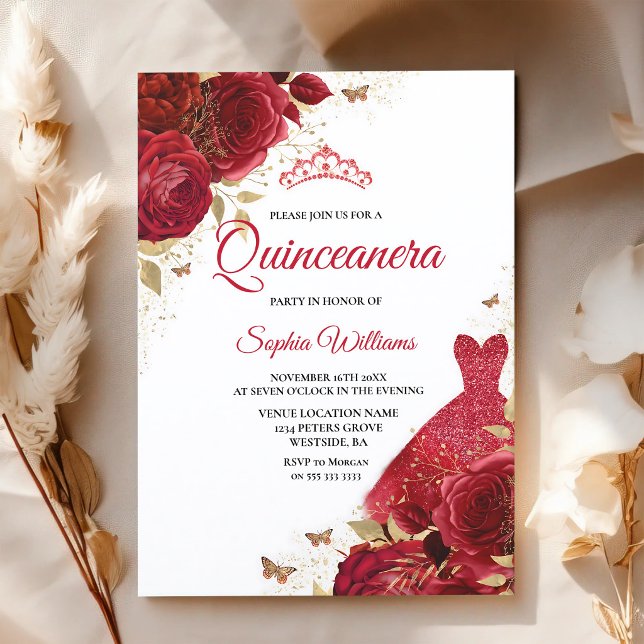 Röda Rosor Glänsande Quinceanera Inbjudningar (Skapare uppladdad)