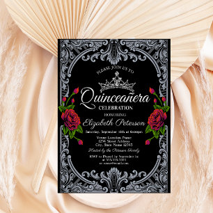 Röda Rosor Gotisk Svarta Ränder Quinceañera  Inbjudningar
