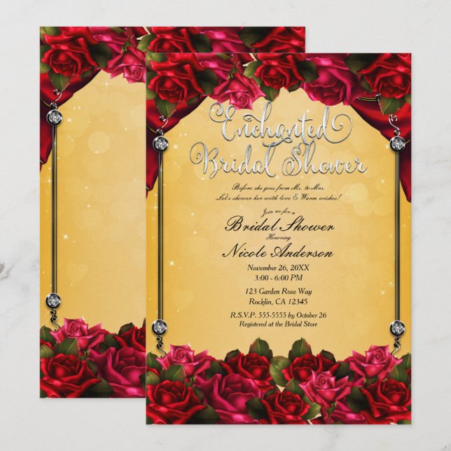 Röda rosor gula och gyllene bröllopsfest inbjudningar (Fram/baksida)