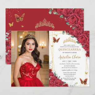 Röda Rosor Guld Fjärilar Quinceanera Foto Inbjudningar