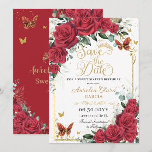 Röda Rosor Guld Fjärilar Quinceanera Sweet 16 Spara Datumet