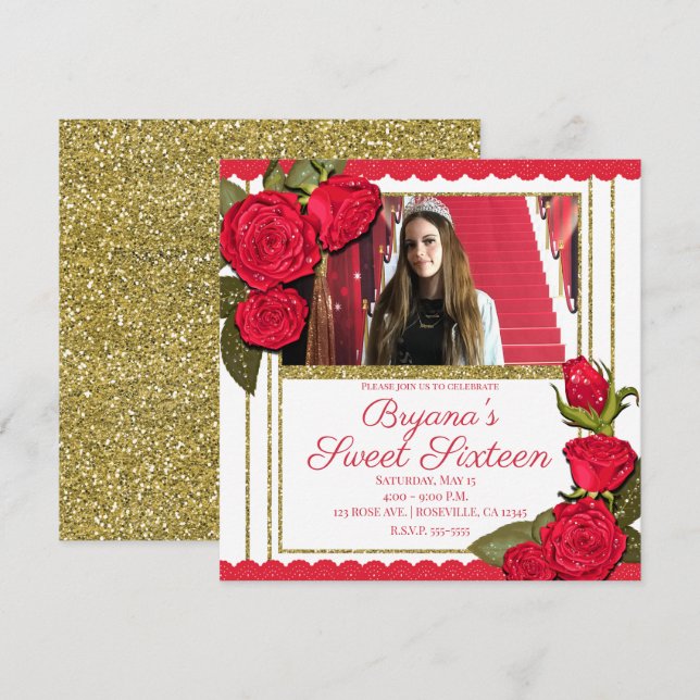 Röda Rosor Guld Glitter Sweet 16 Födelsedagsfest Inbjudningar (Fram/baksida)