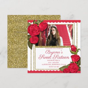 Röda Rosor Guld Glitter Sweet 16 Födelsedagsfest Inbjudningar