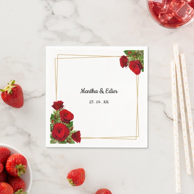 Röda Rosor Guld Ram Spansk Elegant Bröllop Pappersservett (Insitu)
