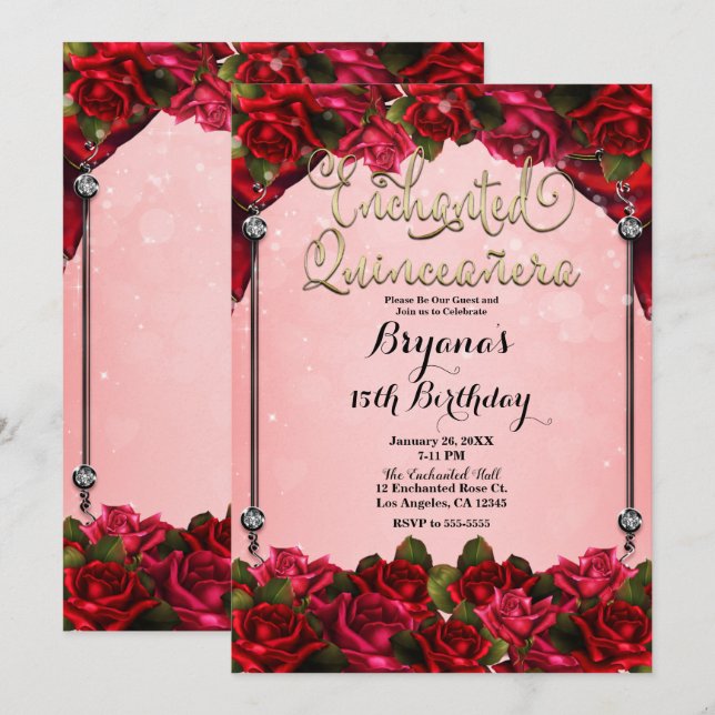 Röda rosor Guld & Rosa Quinceañera 15-årsfest Inbjudningar (Fram/baksida)