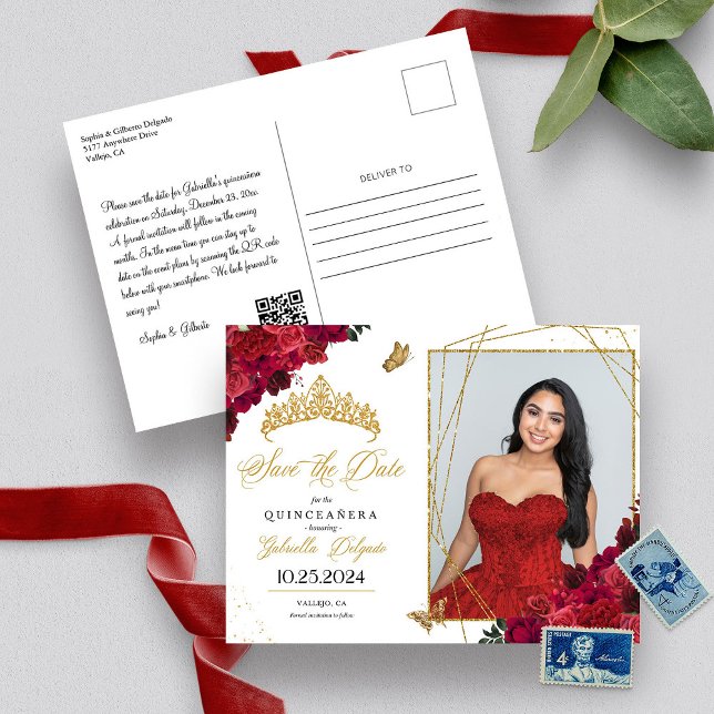 Röda rosor & guldtiara Quinceañera fotokort Vykort (Skapare uppladdad)