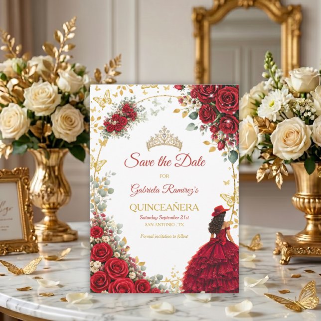 Röda rosor Gyldene fjärilar Quinceañera Spara Datumet (Skapare uppladdad)