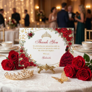 Röda Rosor Gyllene Fjärilar Quinceañera Tack Kort
