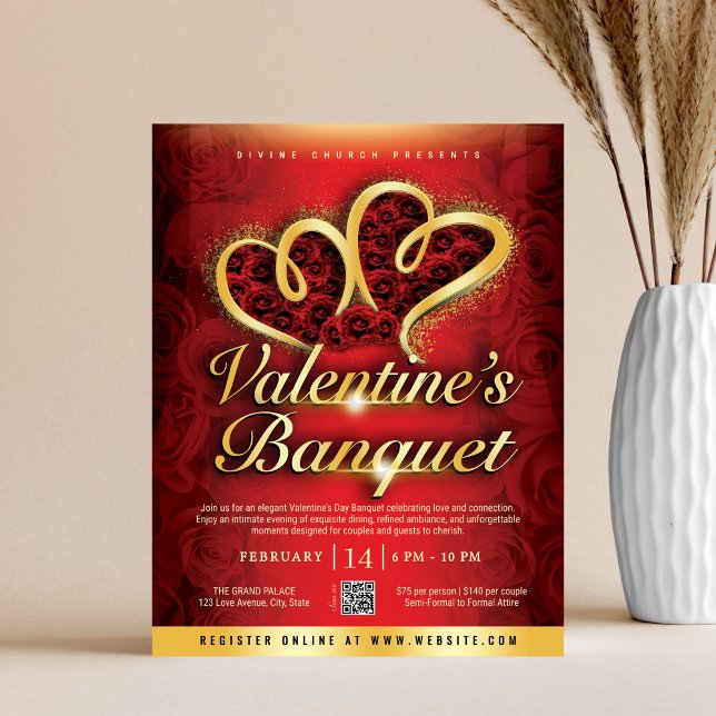 Röda Rosor & Gyllene Hjärtan Valentinsbankett Reklamblad (Skapare uppladdad)