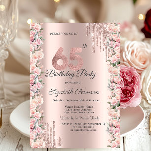 Röda rosor inramar droppande roséguld 65-årsdag inbjudningar