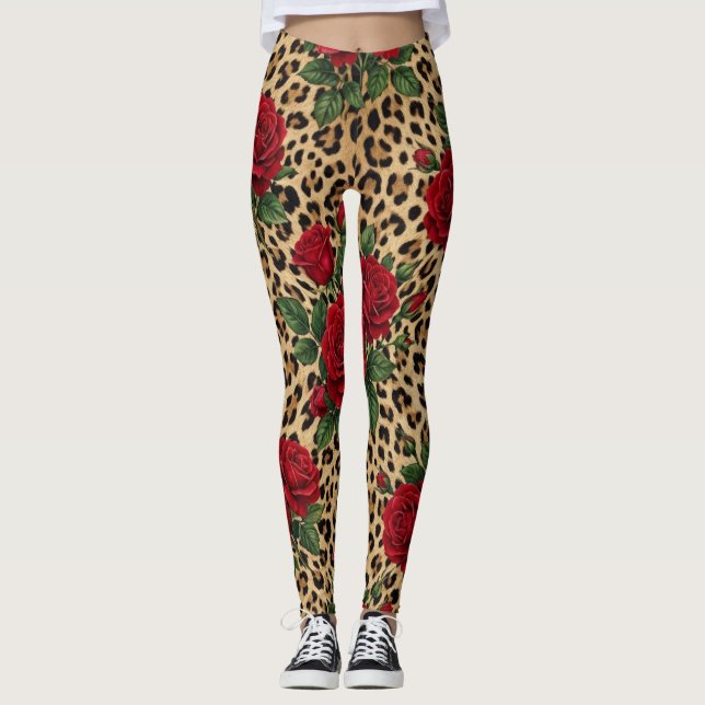 Röda rosor Leopards tryckmönster  Leggings (Framsida)