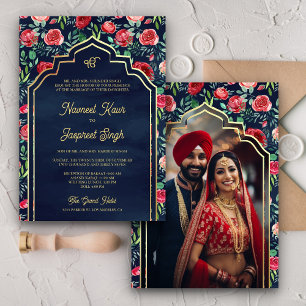 Röda Rosor Marinblå Foto Anand Karaj Sikh Bröllop Inbjudningar