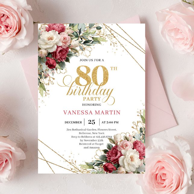 Röda rosor med chic guldaccent karta 80 födelsedag inbjudningar (Red blush roses chic gold accents card 80 birthday invitation

)