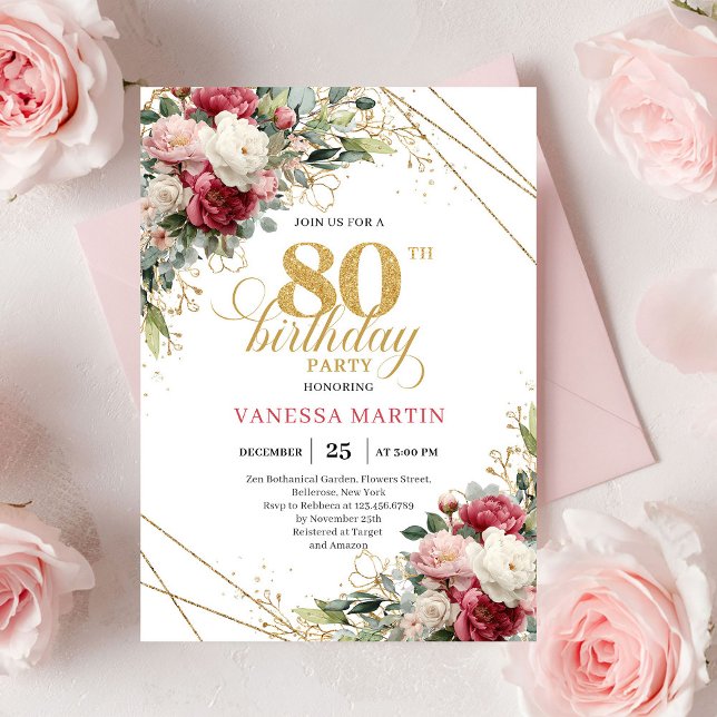 Röda rosor med chic guldaccent kort 80-årsdag (Red blush roses chic gold accent card 80th birthday invitation

)