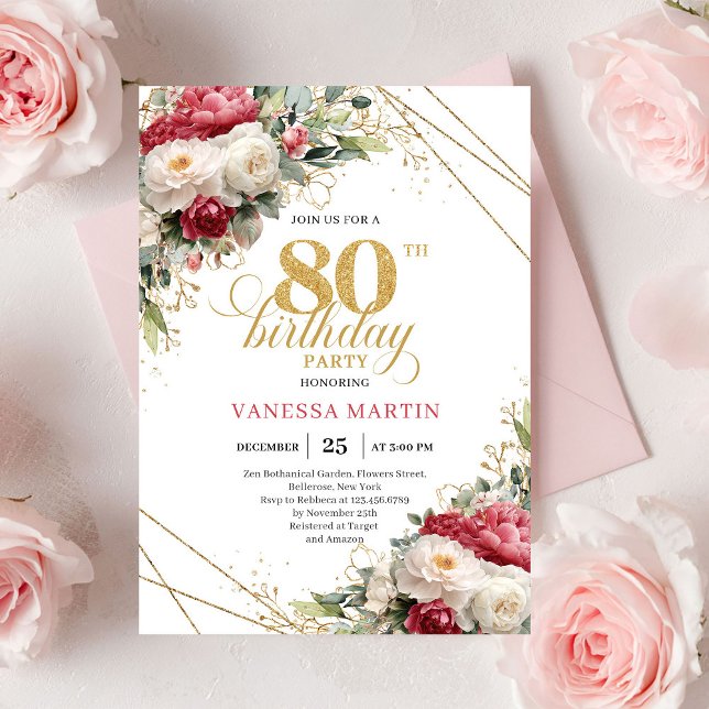 Röda rosor med rosafärgad nyans 80-års inbjudan me (Red blush roses 80th birthday invitation with gold accents

)