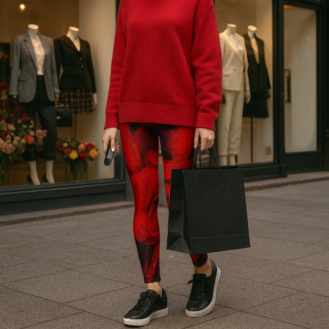 Röda rosor med svarta tryck - helmönstrade legging (Bold red rose leggings meet luxe red cashmere city chic with keys in hand and style in stride.)