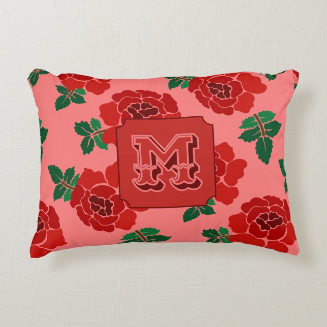 Röda rosor monogram  prydnadskudde (Framsidan)