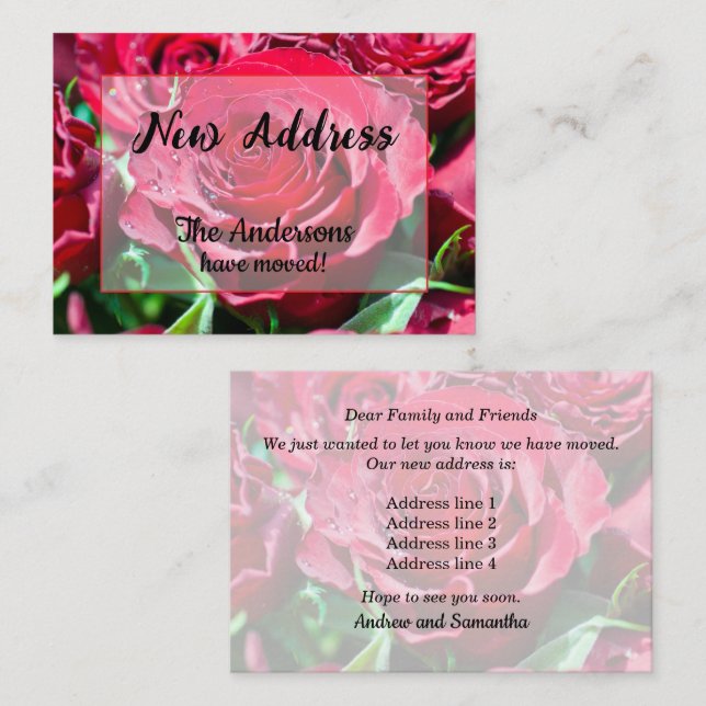 Röda Rosor Nyadress Annonsering Anteckningskort (Fram/baksida)