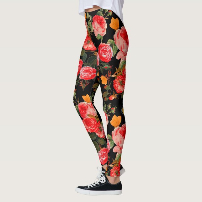 RÖDA ROSOR OCH GULA FJÄRILAR Svart Blomma Leggings (Vänster)