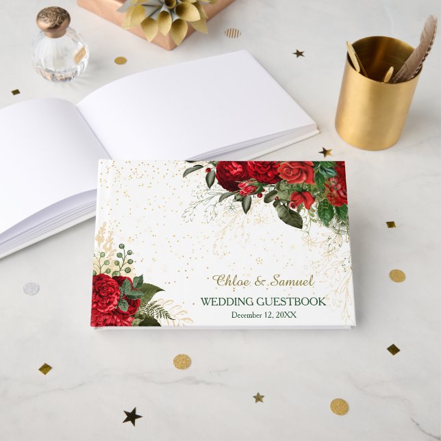 Röda Rosor och Konfetti Bröllop Gästböcker (Framsida öppen)
