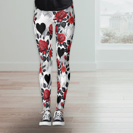Röda Rosor och Svarta Hjärtan Romantiskt Mönster Leggings
