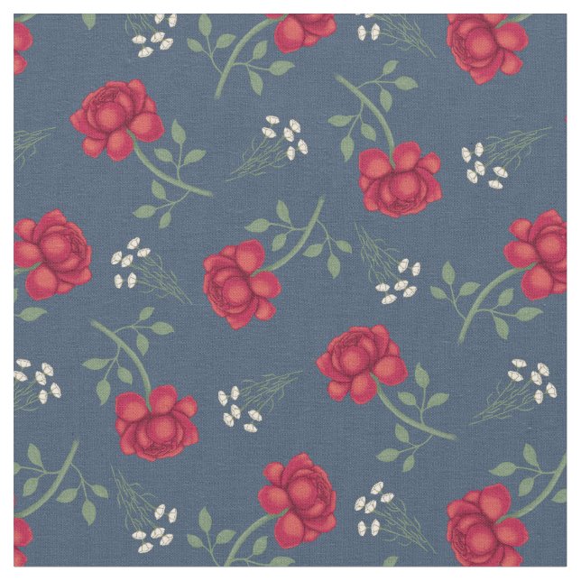 Röda rosor på dämpat blå kaliko tyg (Närbild)