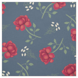 Röda rosor på dunkelblått kaliko tyg