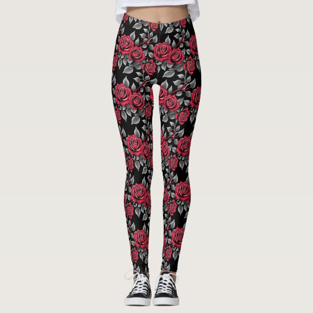 Röda Rosor På En Svart Bakgrund Leggings (Framsida)